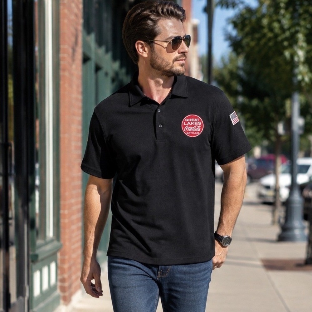 Coca-Cola Red Kap Mens Great Lakes Black Polo Collectible Work Shirt Patches M